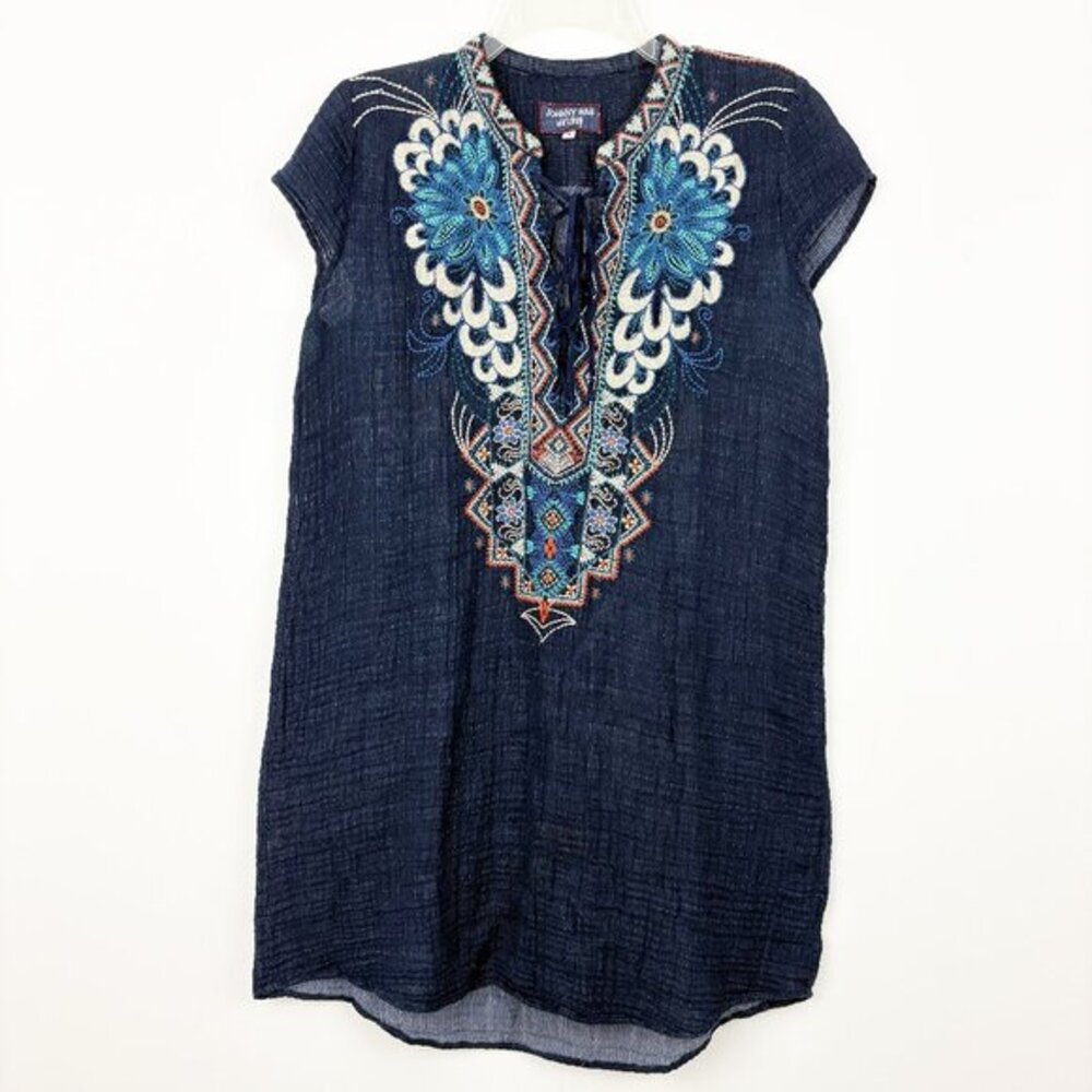 Johnny Was Workshop Love Flower Tunic Dress European Voile Size S Blue Embroider